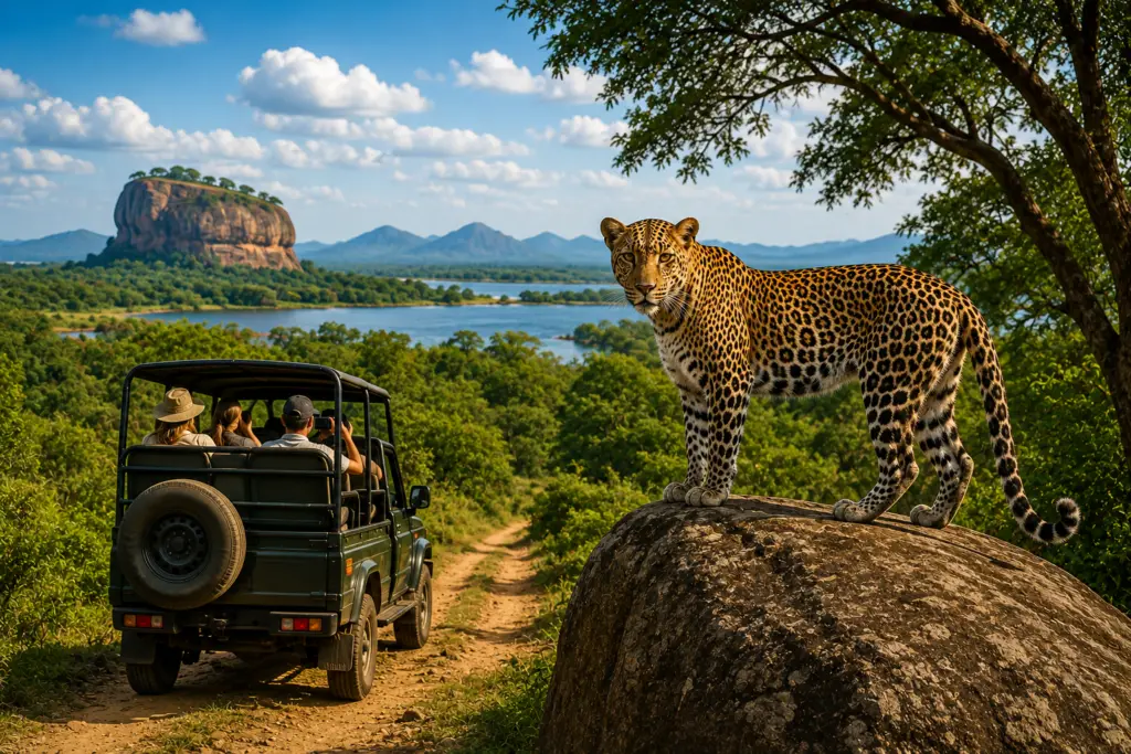 Sri Lankan leopard beside a safari jeep in a lush national park landscape