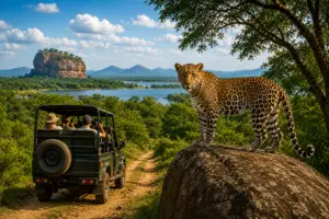 Sri Lankan leopard beside a safari jeep in a lush national park landscape