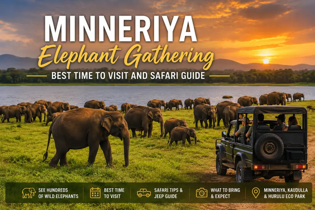 Minneriya Elephant Gathering with wild Sri Lankan elephants and a safari jeep