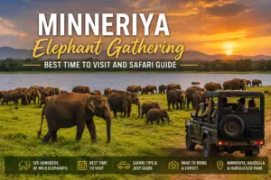 Minneriya Elephant Gathering with wild Sri Lankan elephants and a safari jeep